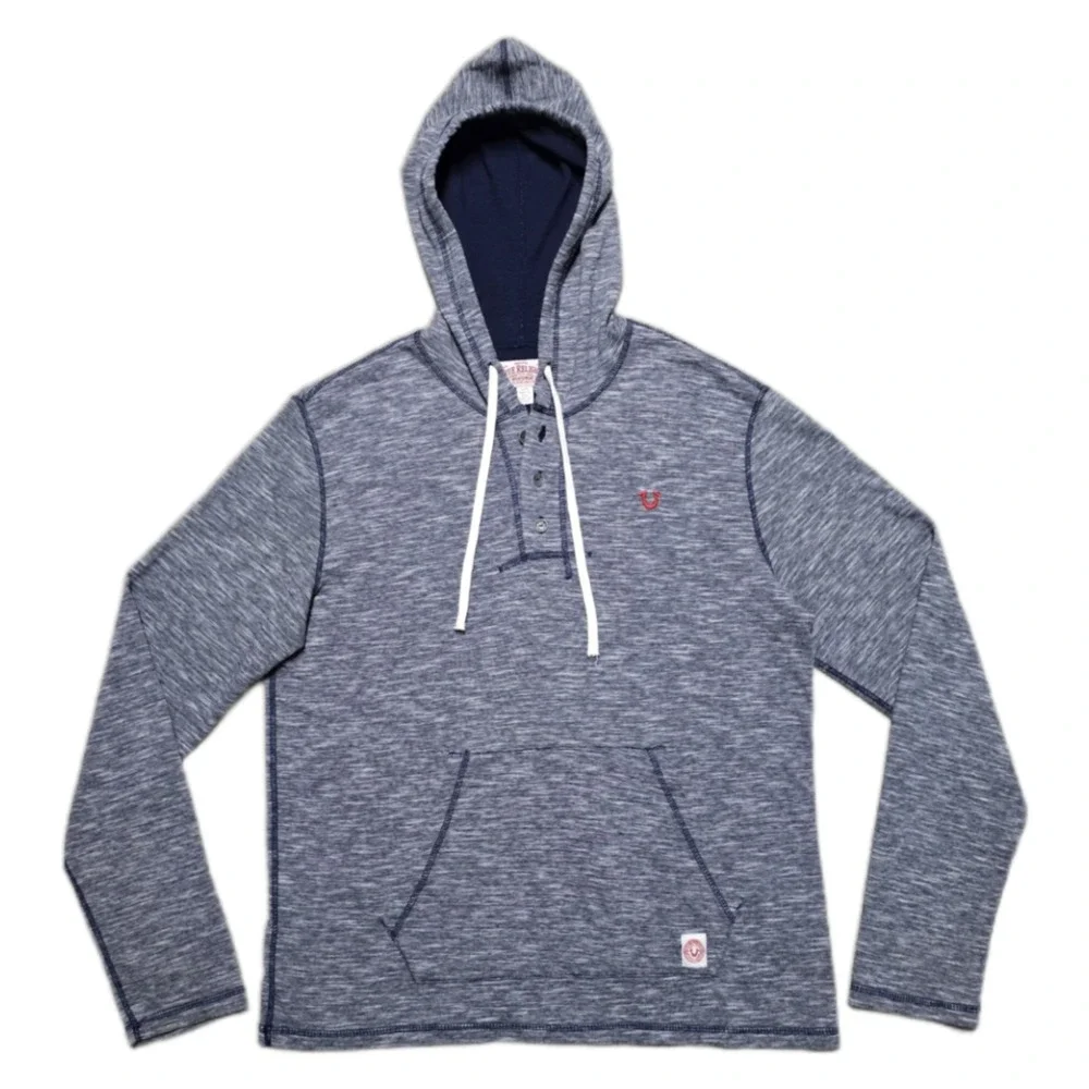 True Religion Heathered‎ Blue Henley Hoodie Jacket Mens Large Lightweight EUC
